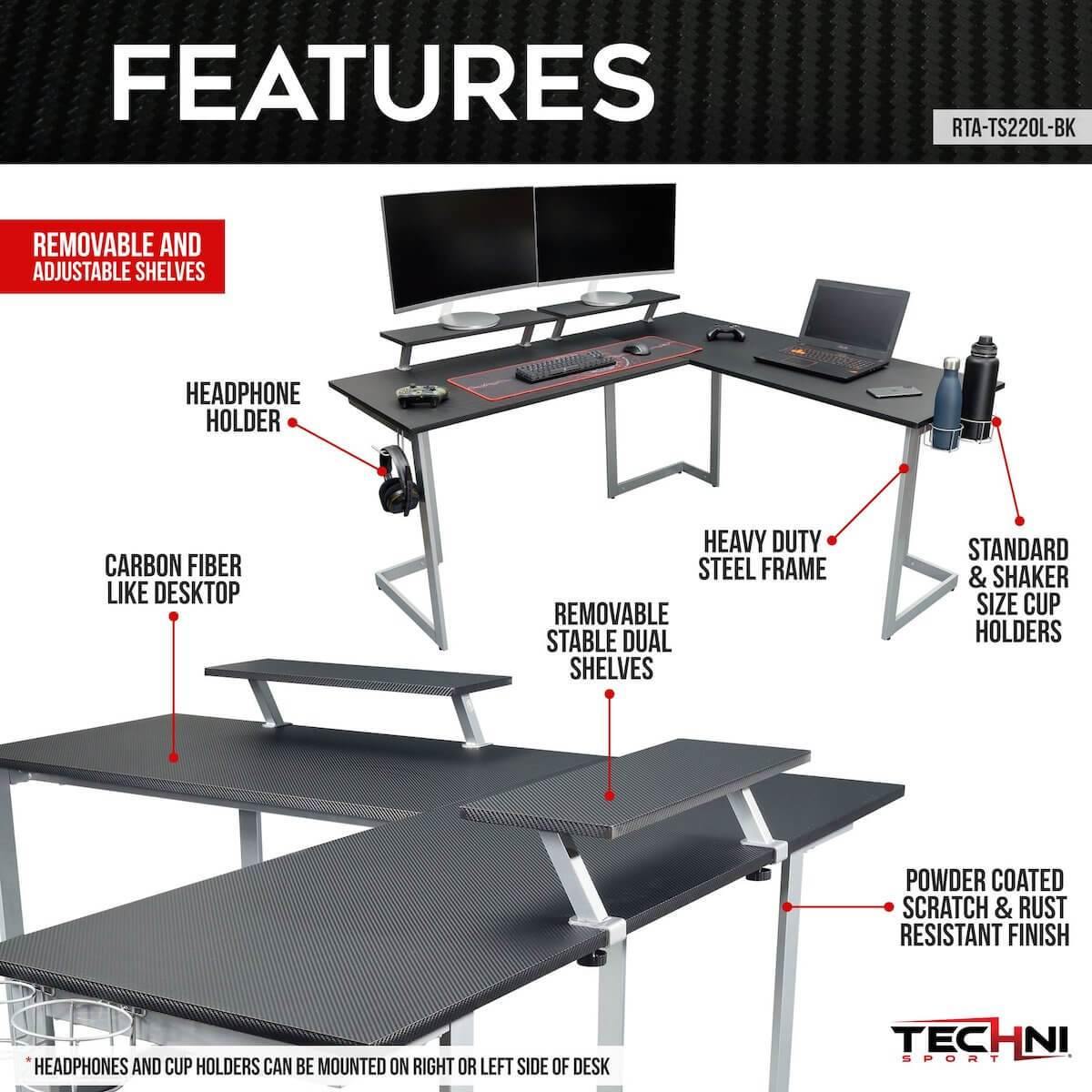 Techni Sport Black & Silver Warrior L-Shaped Gaming Desk RTA-TS220L-BK Features #color_silver