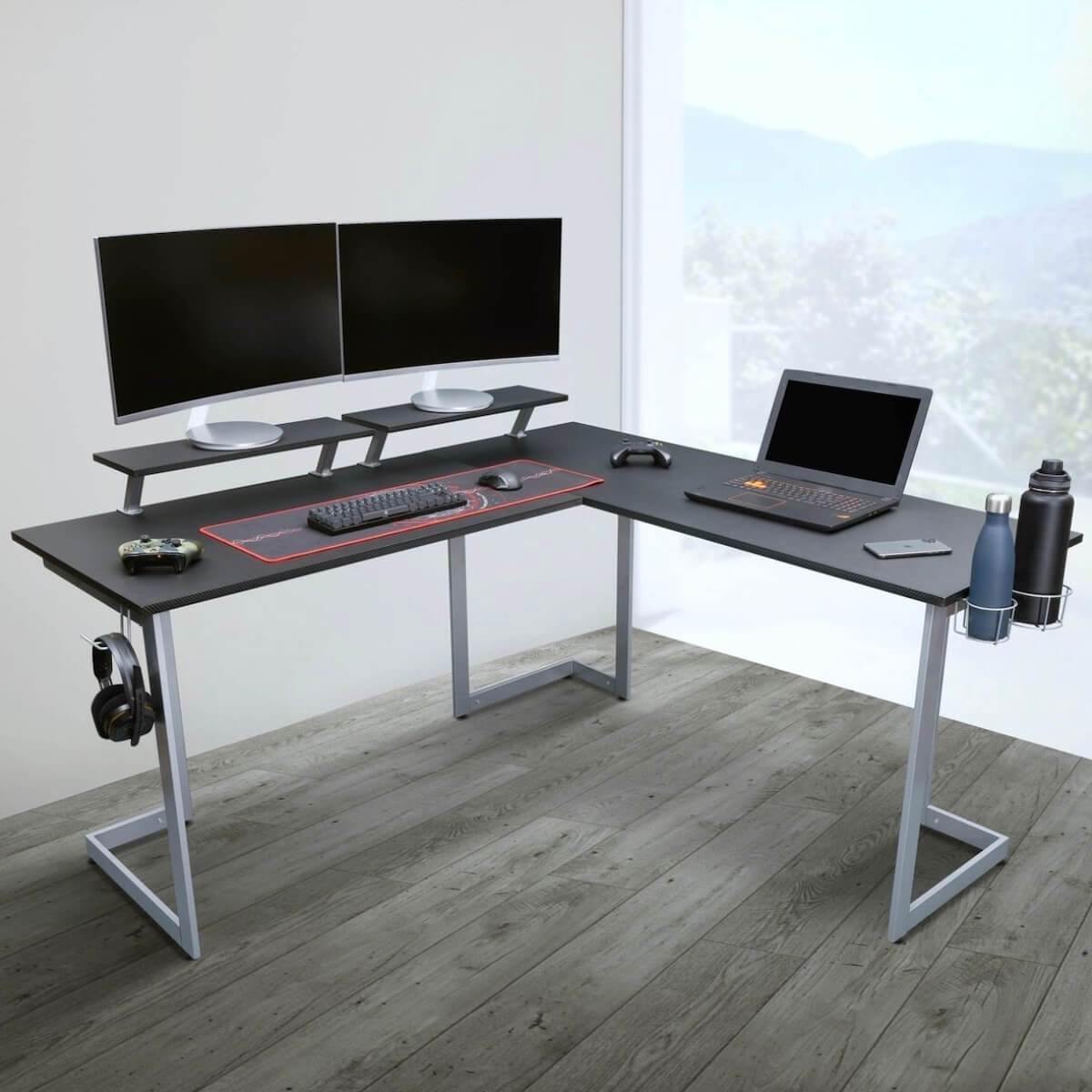 Techni Sport Black & Silver Warrior L-Shaped Gaming Desk RTA-TS220L-BK in Office #color_silver