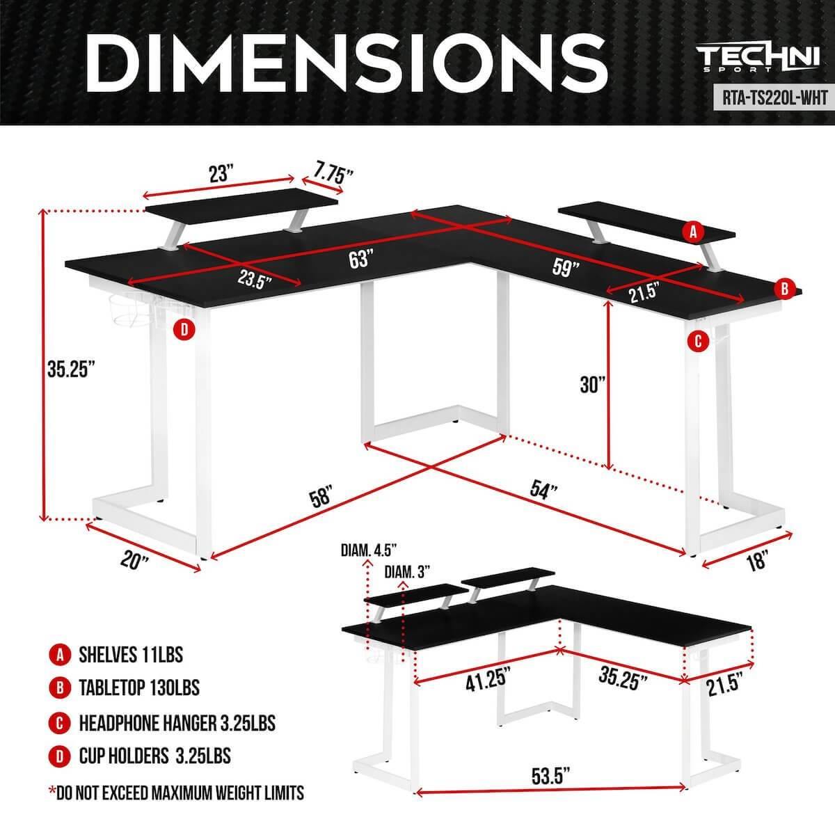Techni Sport Black & White Warrior L-Shaped Gaming Desk RTA-TS220L-WHT Dimensions #color_white