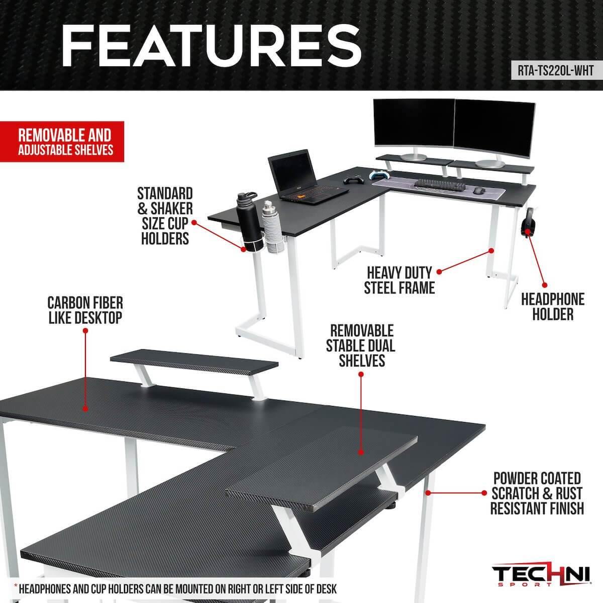 Techni Sport Black & White Warrior L-Shaped Gaming Desk RTA-TS220L-WHT Features #color_white