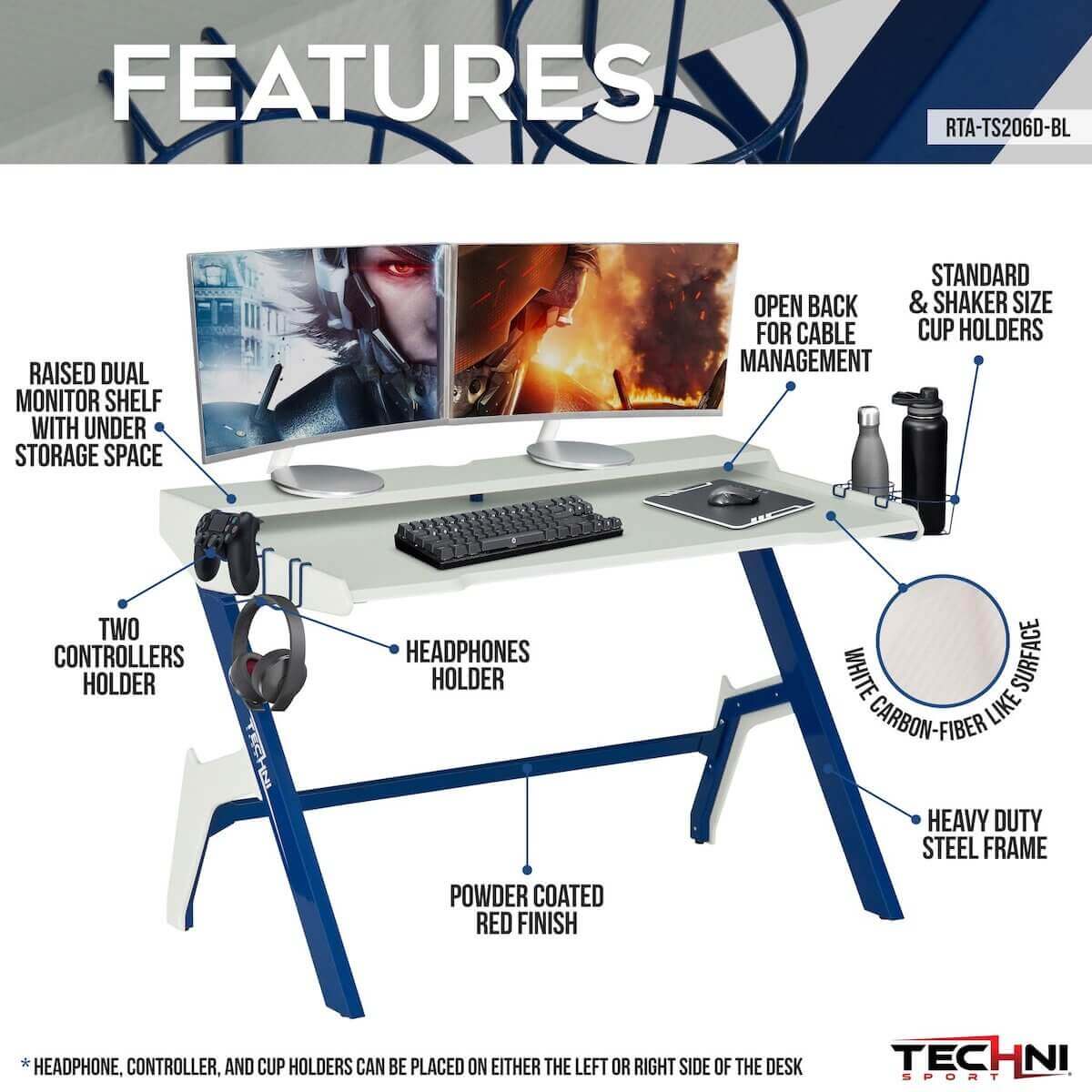 Techni Sport Blue Jabba Ergonomic Computer Gaming Desk Workstation with Cupholder & Headphone Hook RTA-TS206D-BL Features #color_blue