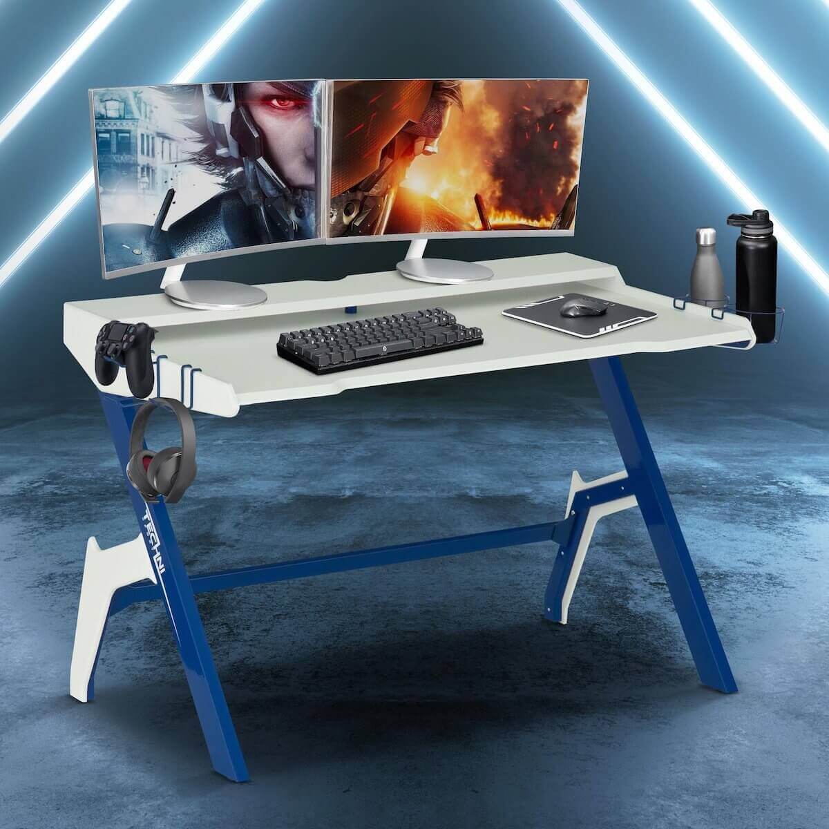 Techni Sport Blue Jabba Ergonomic Computer Gaming Desk Workstation with Cupholder & Headphone Hook RTA-TS206D-BL in Office #color_blue