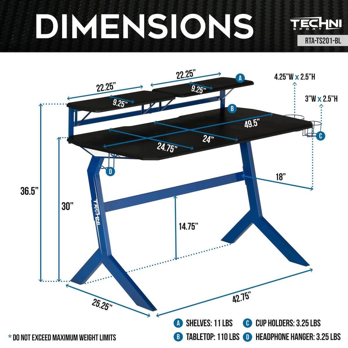 Techni Sport Blue Stryker Gaming Desk RTA-TS201-BL Dimensions #color_blue