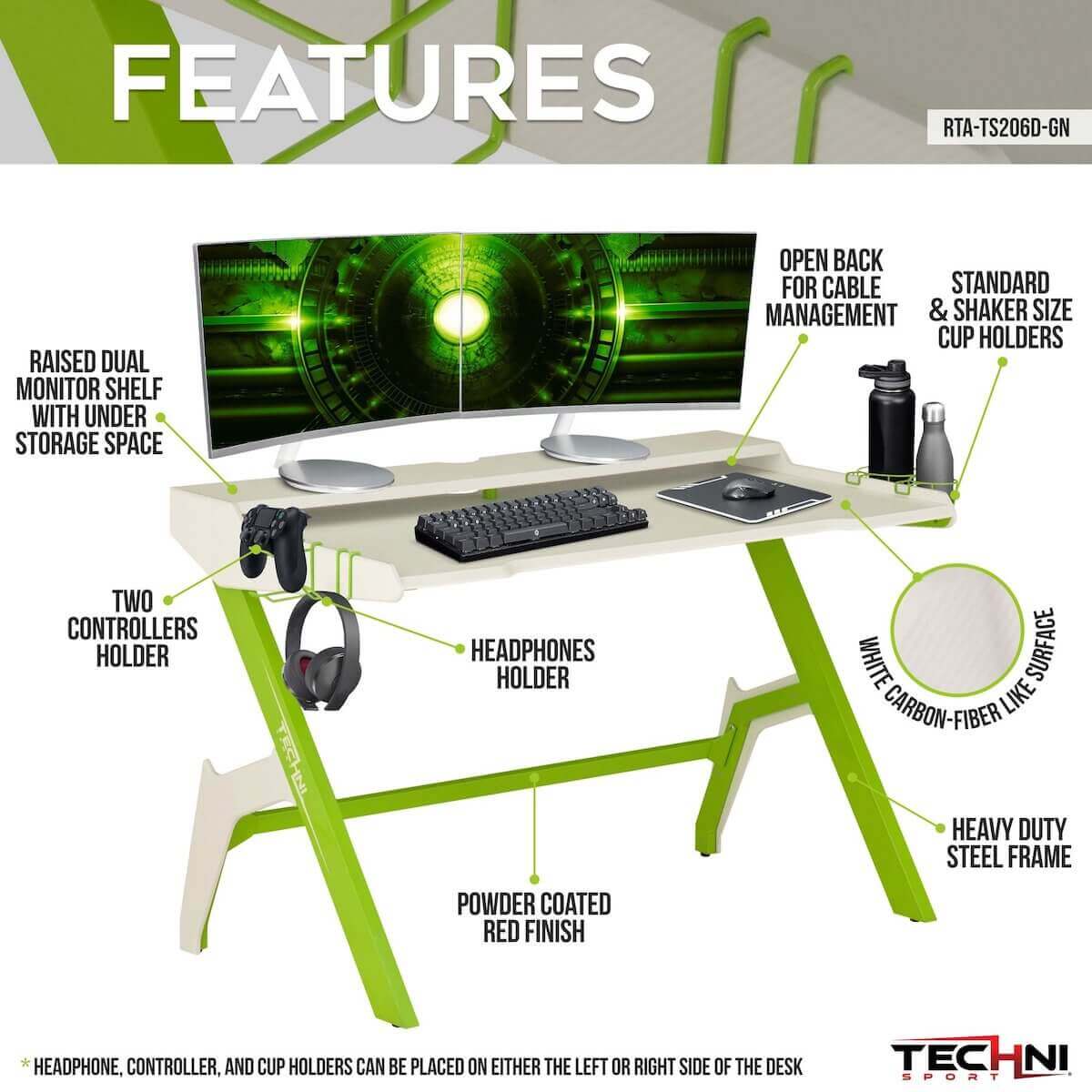 Techni Sport Green Jabba Ergonomic Computer Gaming Desk Workstation with Cupholder & Headphone Hook RTA-TS206D-GN Features #color_green