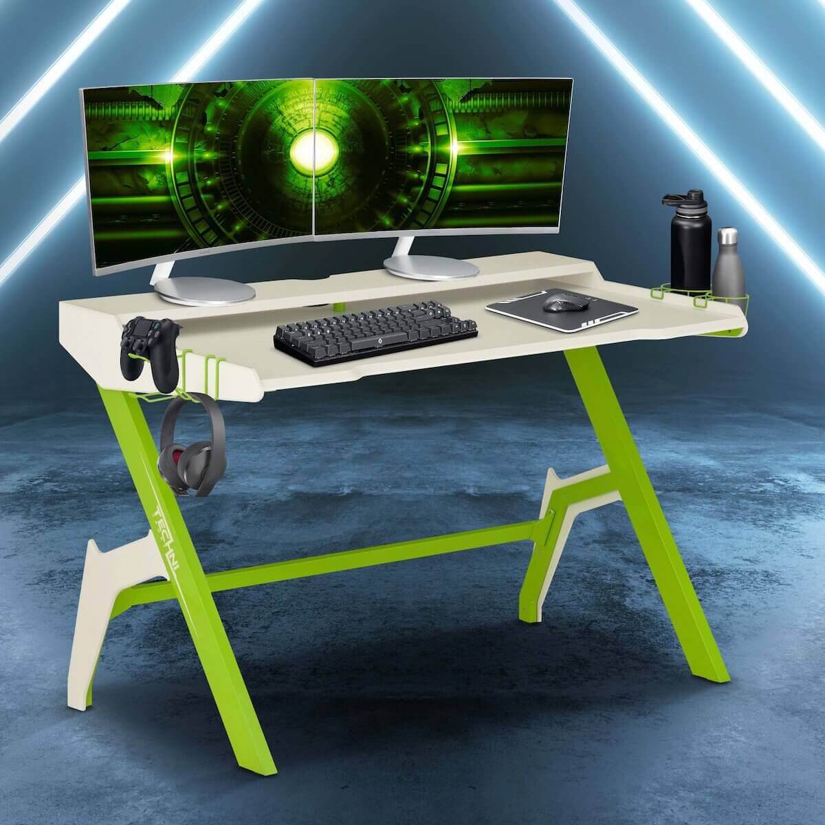 Techni Sport Green Jabba Ergonomic Computer Gaming Desk Workstation with Cupholder & Headphone Hook RTA-TS206D-GN in Office #color_green