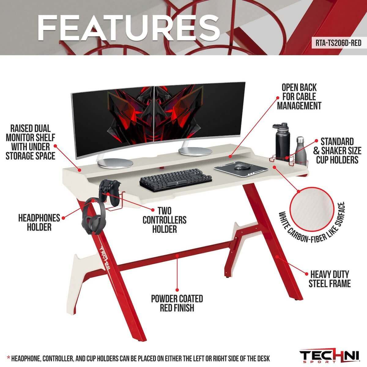 Techni Sport Red Jabba Ergonomic Computer Gaming Desk Workstation with Cupholder & Headphone Hook RTA-TS206D-RED Features #color_red