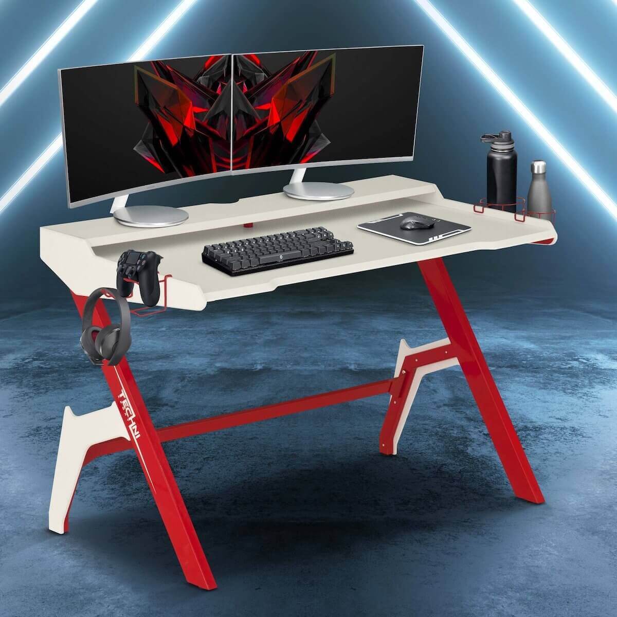 Techni Sport Red Jabba Ergonomic Computer Gaming Desk Workstation with Cupholder & Headphone Hook RTA-TS206D-RED in Office #color_red