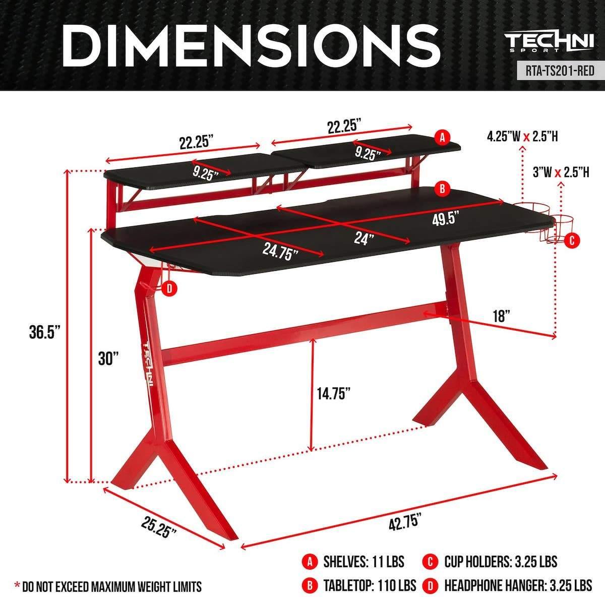 Techni Sport Red Stryker Gaming Desk RTA-TS201-RED Dimensions #color_red