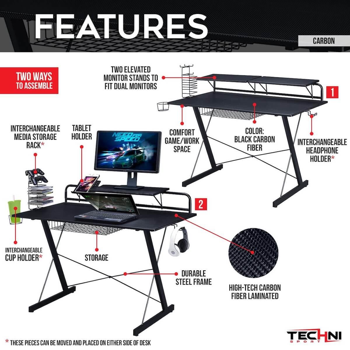 Techni Sport TS-200 Black Carbon Computer Gaming Desk with Shelving RTA-TS200-BK Features #color_black