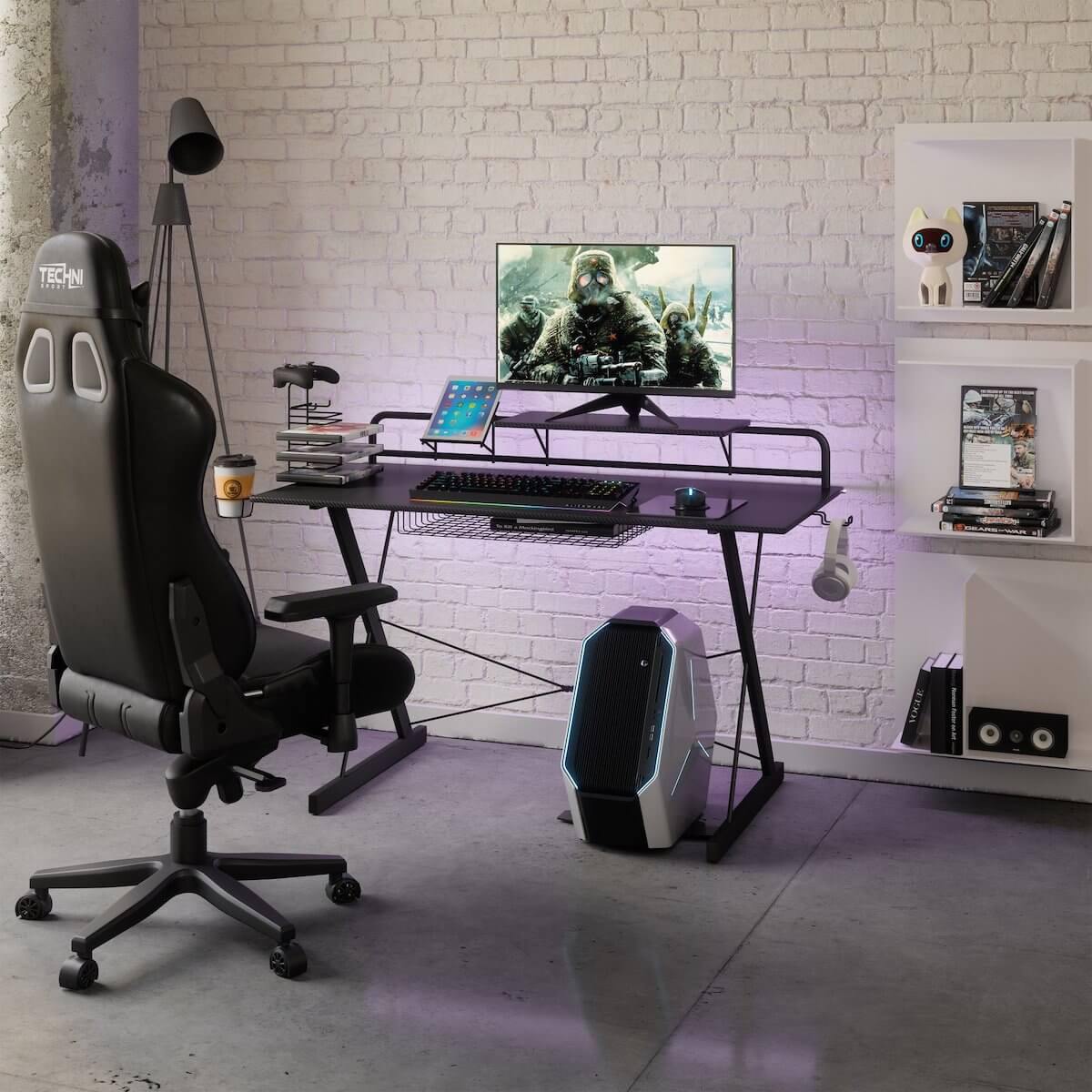 Techni Sport TS-200 Black Carbon Computer Gaming Desk with Shelving RTA-TS200-BK in Office #color_black