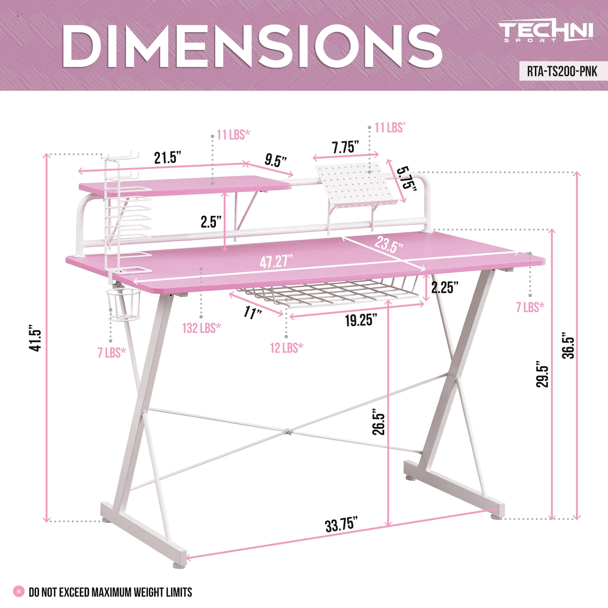 Techni Sport TS-200 Pink Carbon Computer Gaming Desk with Shelving Dimensions RTA-TS200-PNK #color_pink