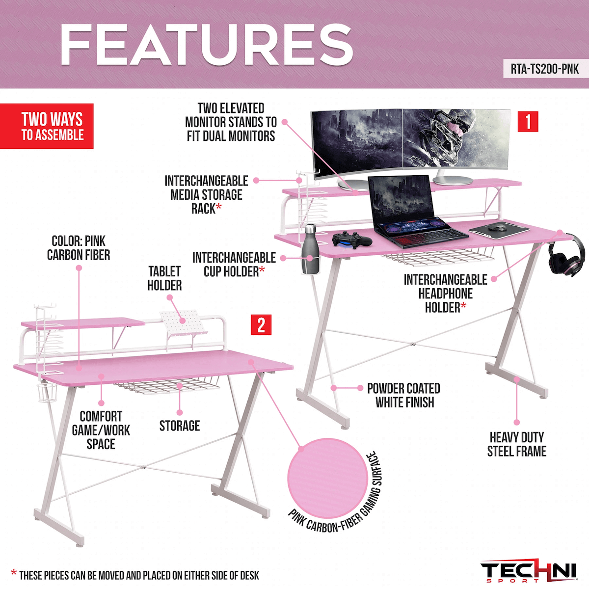 Techni Sport TS-200 Pink Carbon Computer Gaming Desk with Shelving Features RTA-TS200-PNK #color_pink