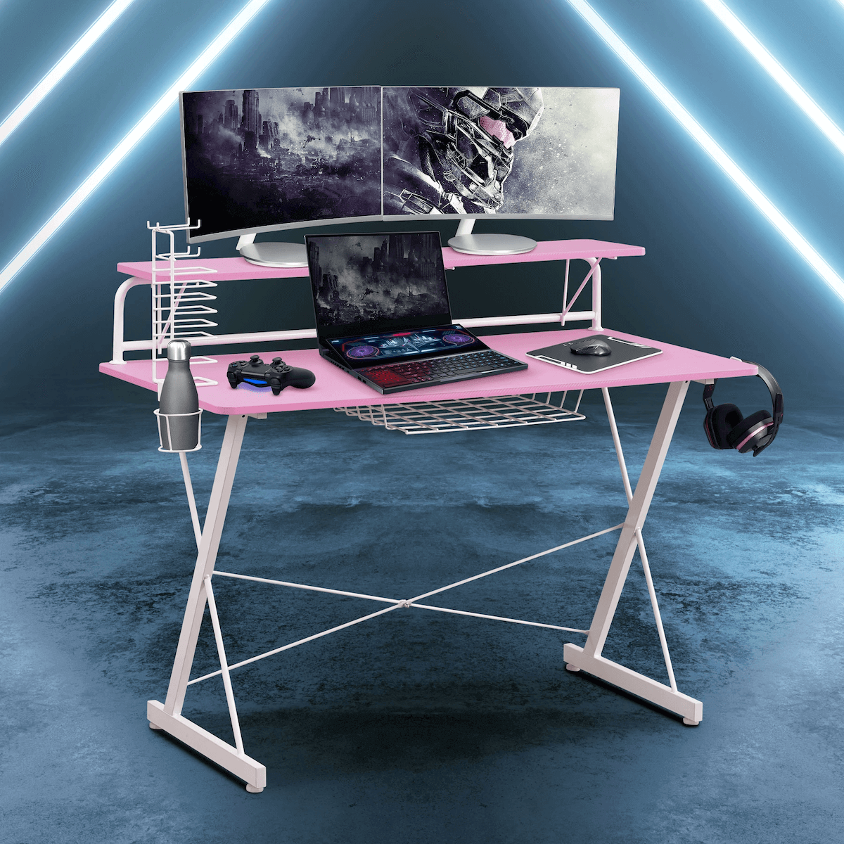 Techni Sport TS-200 Pink Carbon Computer Gaming Desk with Shelving with Computer RTA-TS200-PNK #color_pink