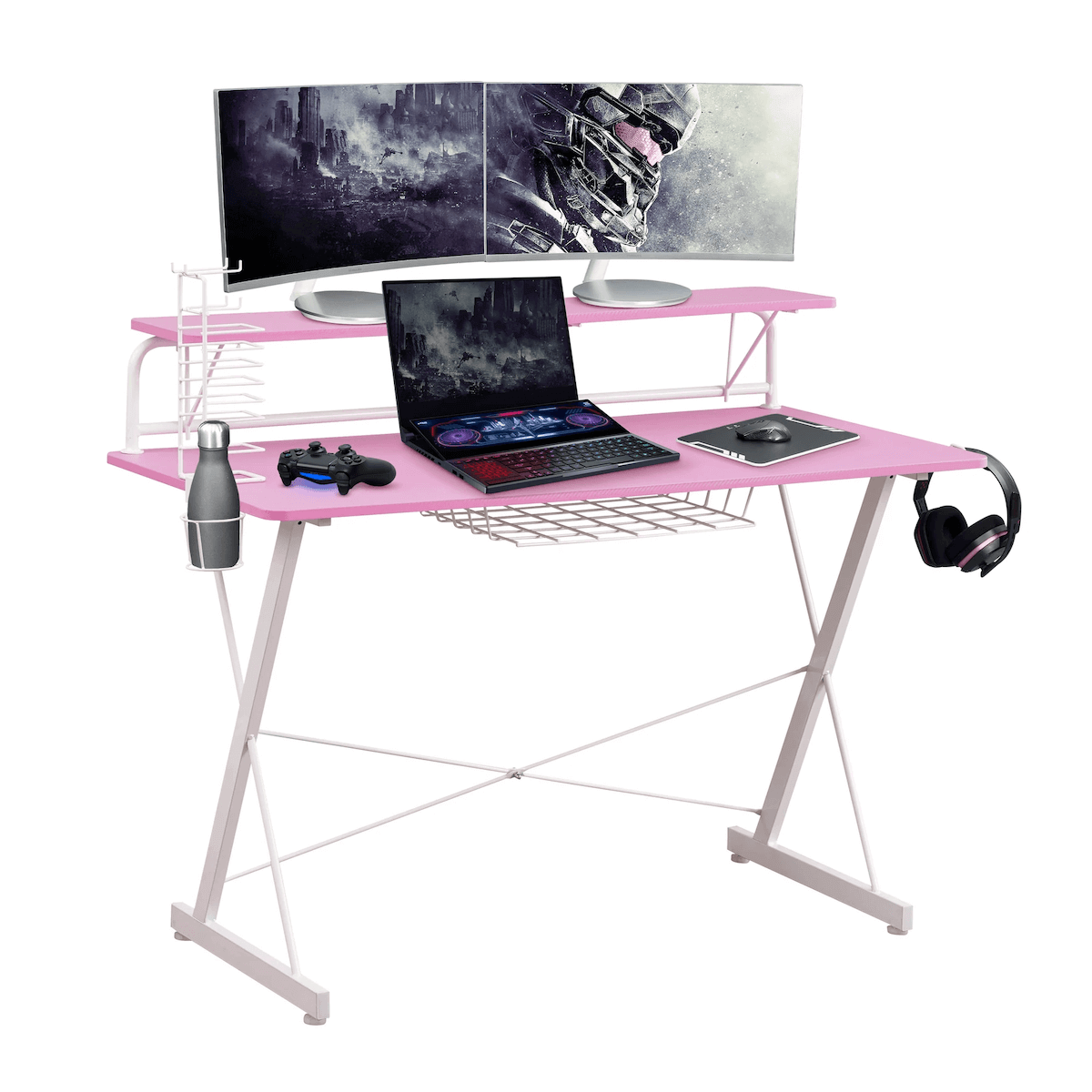 Techni Sport TS-200 Pink Carbon Computer Gaming Desk with Shelving with Computer RTA-TS200-PNK #color_pink