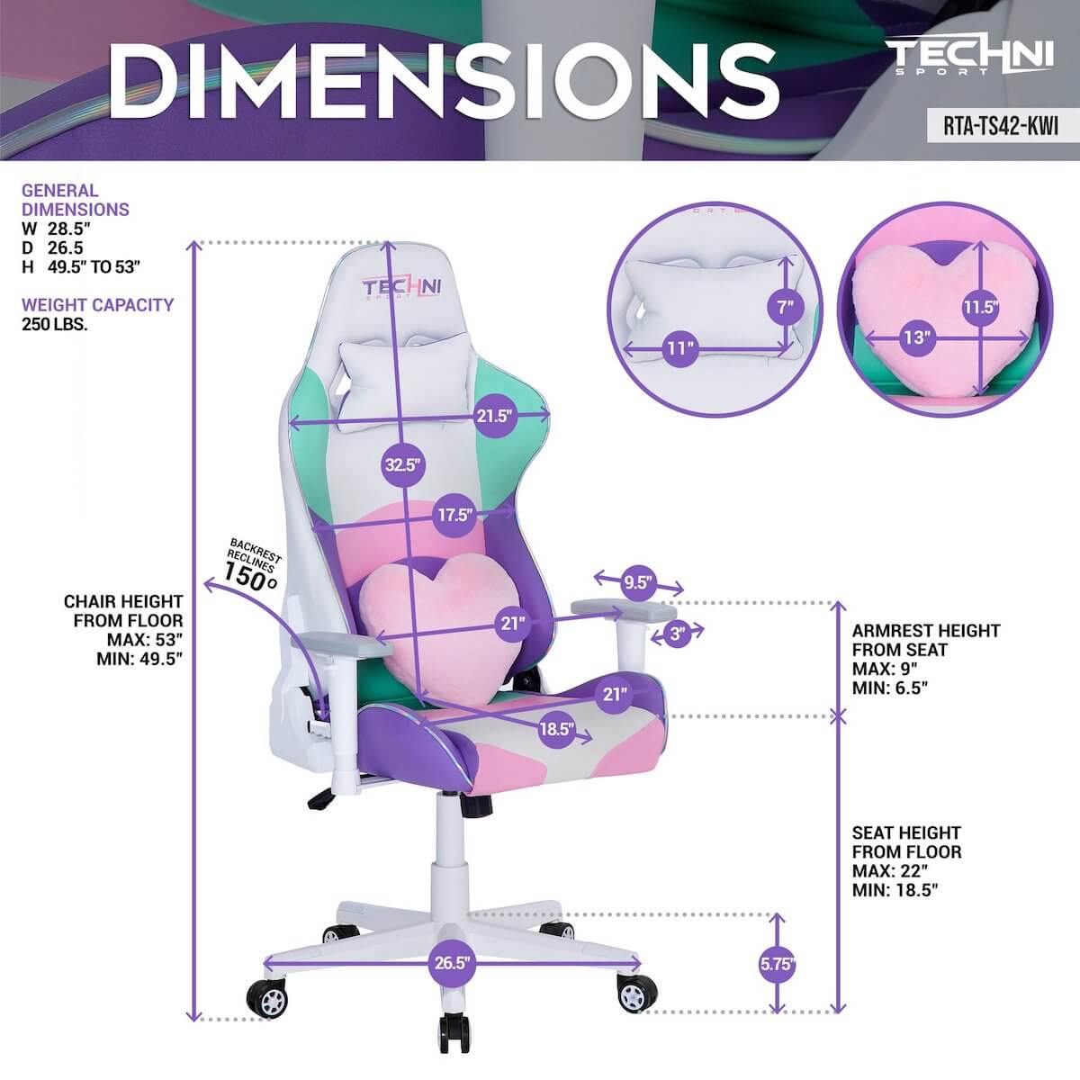 Techni Sport TS-42 Kawaii Office-PC Gaming Chair RTA-TS42-KWI Dimensions