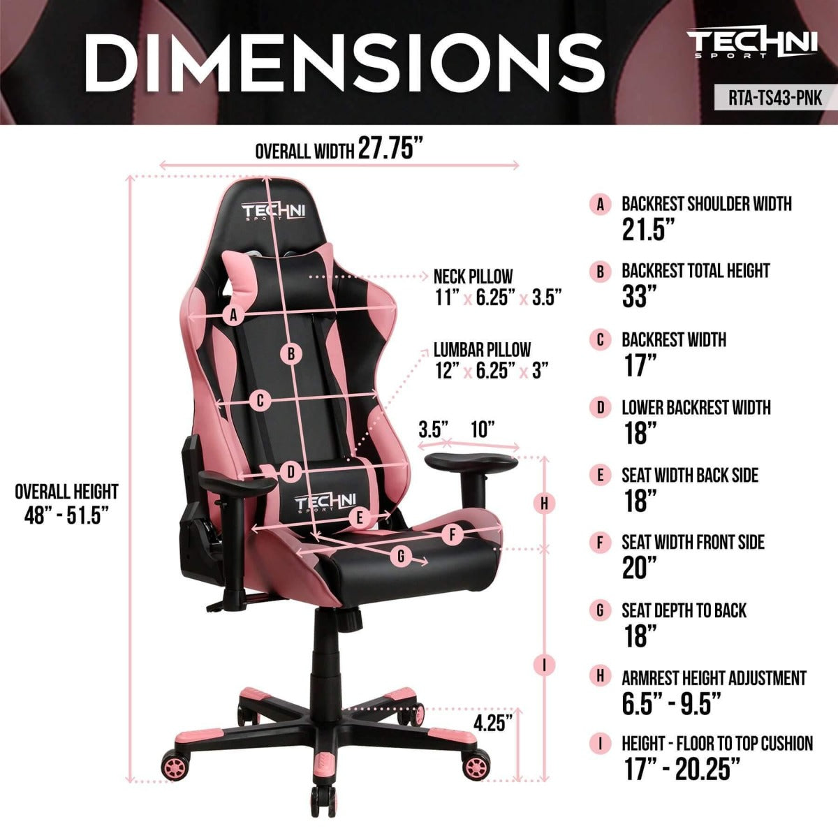 Techni Sport TS-4300 Pink Ergonomic High Back Racer Style PC Gaming Chair RTA-TS43-PNK Dimensions