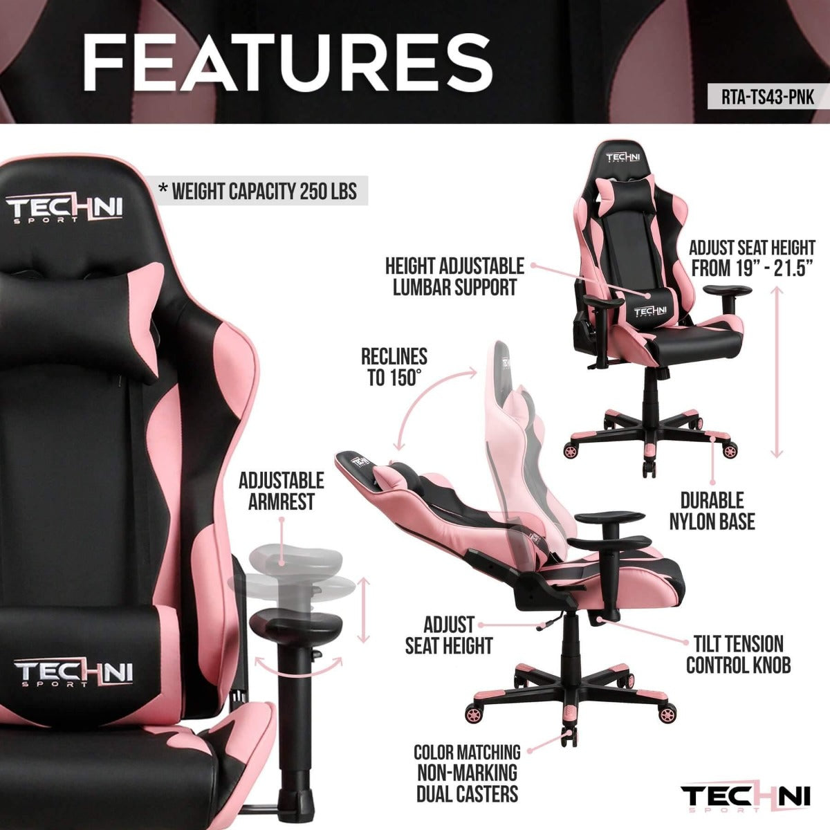 Techni Sport TS-4300 Pink Ergonomic High Back Racer Style PC Gaming Chair RTA-TS43-PNK Features