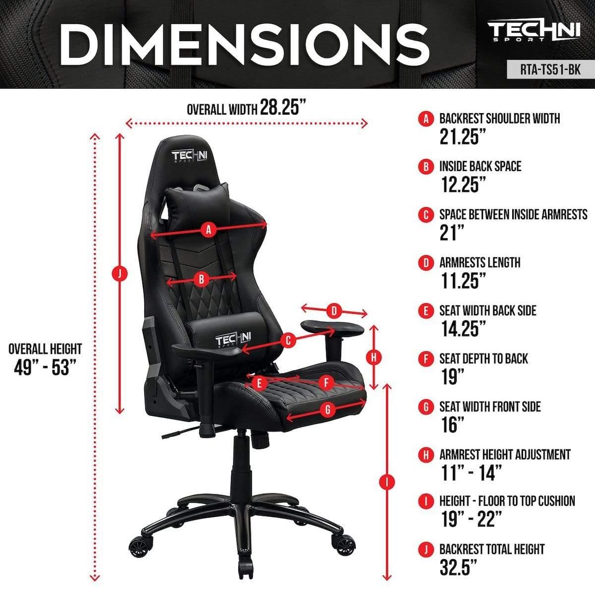 Techni Sport TS-5100 Black Ergonomic High Back Racer Style PC Gaming Chair RTA-TS51-BK Dimensions
