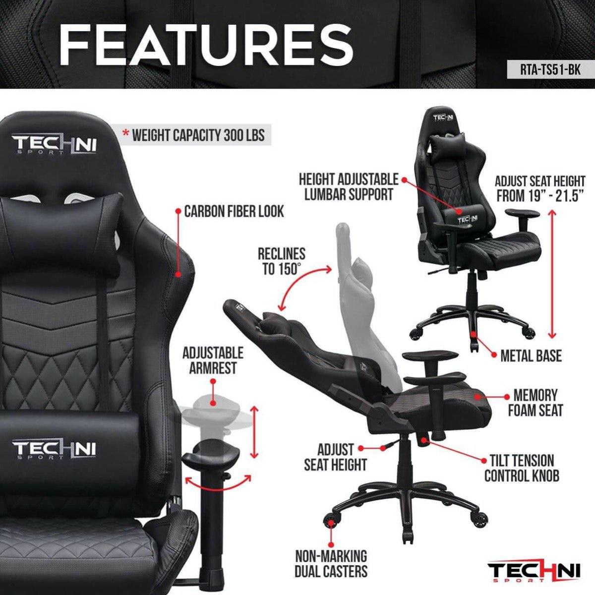Techni Sport TS-5100 Black Ergonomic High Back Racer Style PC Gaming Chair RTA-TS51-BK Features