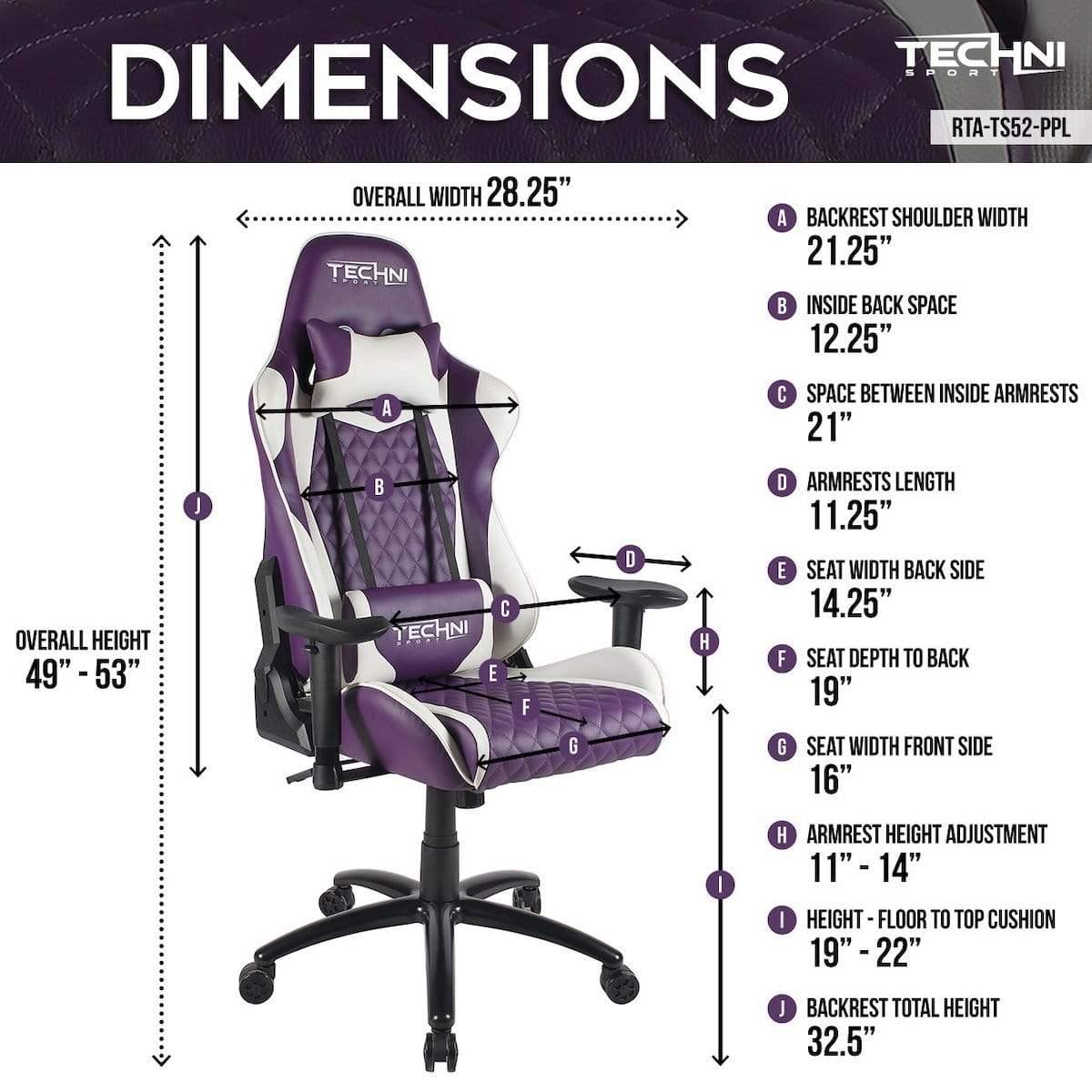 Techni Sport TS-52 Purple Ergonomic High Back Racer Style PC Gaming Chair RTA-TS52-PPL Dimensions