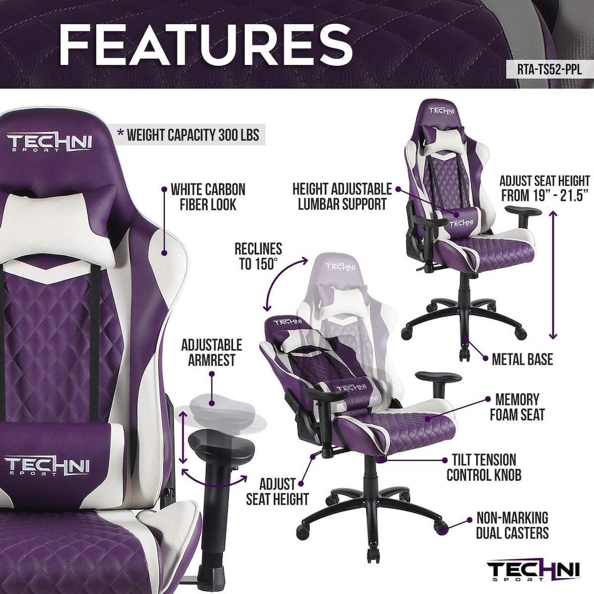 Techni Sport TS-52 Purple Ergonomic High Back Racer Style PC Gaming Chair RTA-TS52-PPL Features