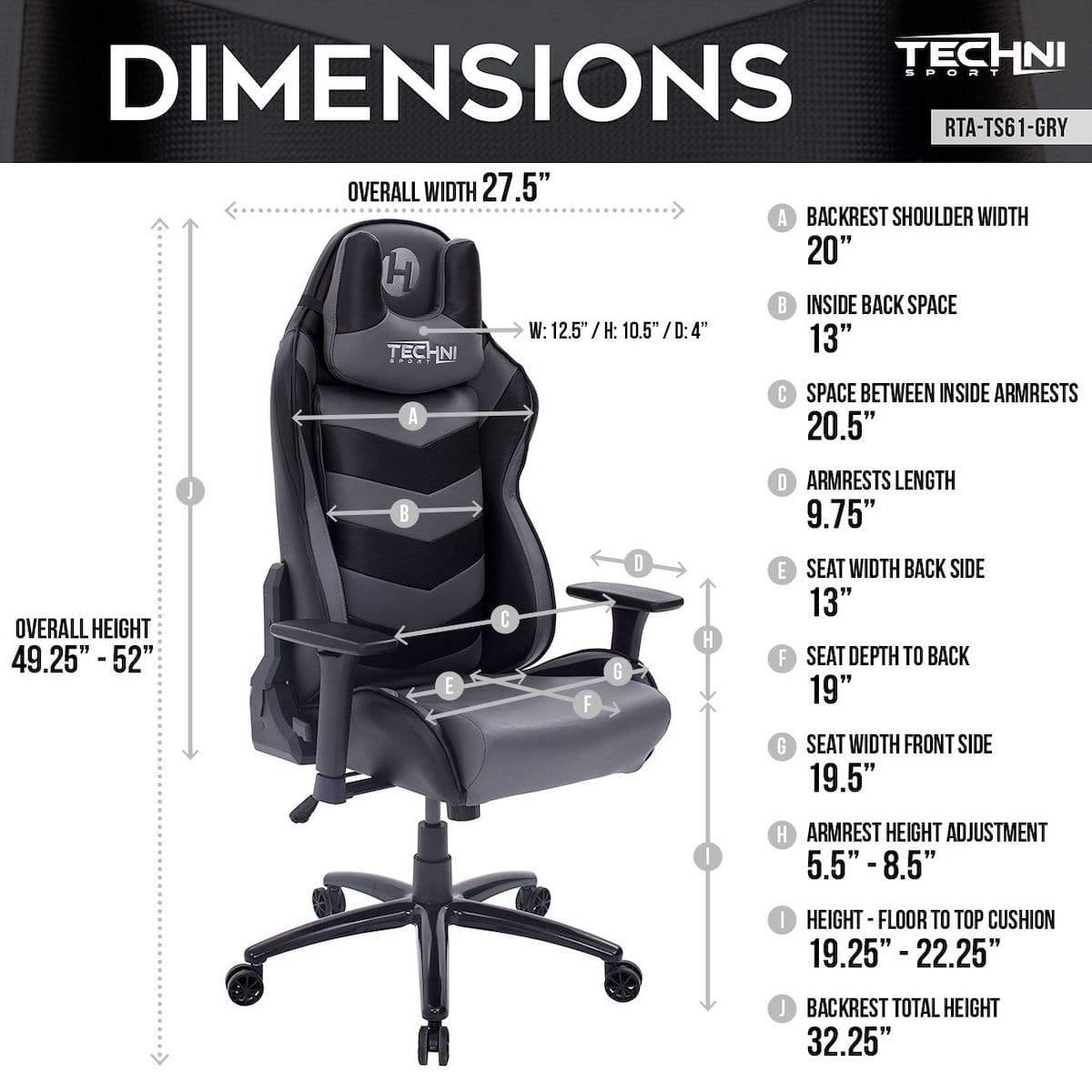 Techni Sport TS-61 Gray Ergonomic High Back Racer Style Video Gaming Chair RTA-TS61-GRY-BK Features #color_gray