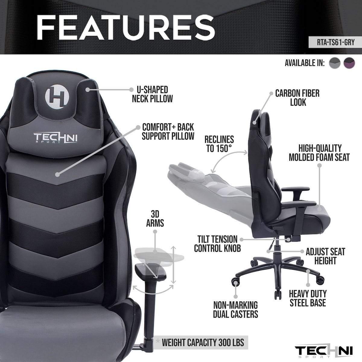 Techni Sport TS-61 Gray Ergonomic High Back Racer Style Video Gaming Chair RTA-TS61-GRY-BK Dimensions #color_gray