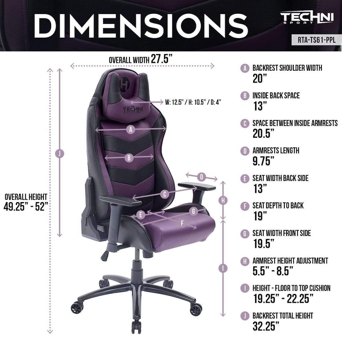 Techni Sport TS-61 Purple Ergonomic High Back Racer Style Video Gaming Chair RTA-TS61-PPL-BK Dimensions #color_purple
