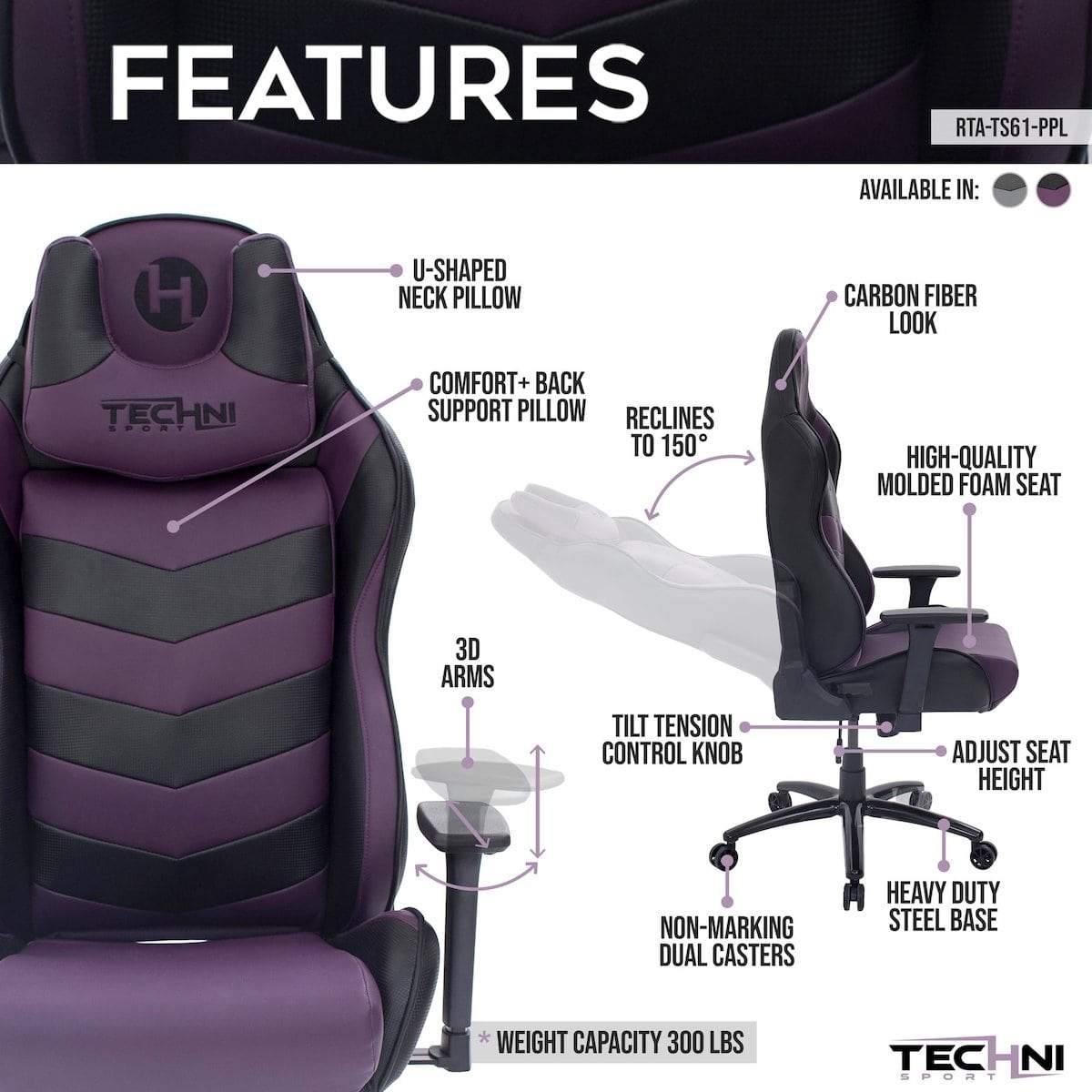 Techni Sport TS-61 Purple Ergonomic High Back Racer Style Video Gaming Chair RTA-TS61-PPL-BK Features #color_purple