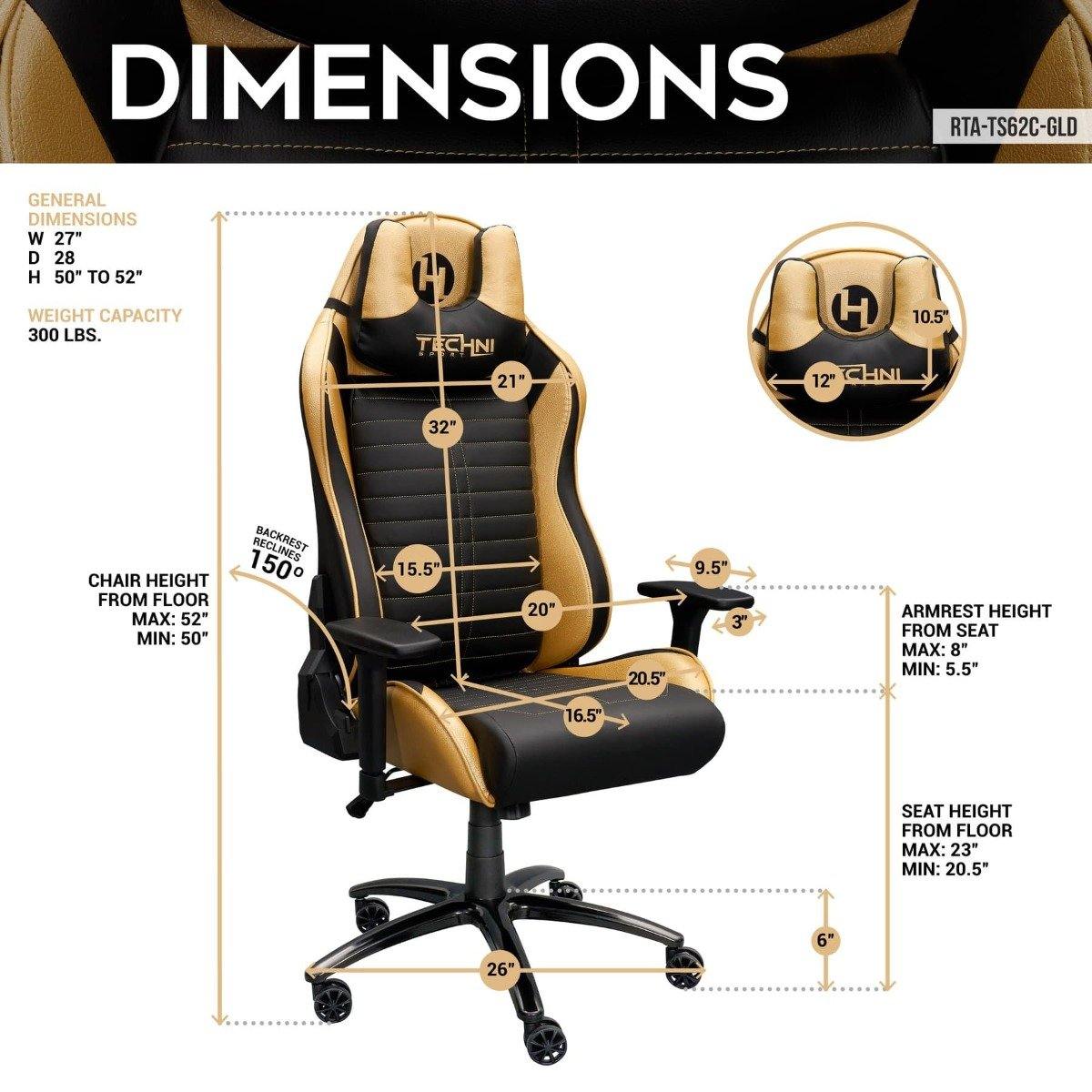 Techni Sport TS-62 Gold Ergonomic Racing Style Gaming Chair RTA-TS62C-GLD Dimensions #color_gold
