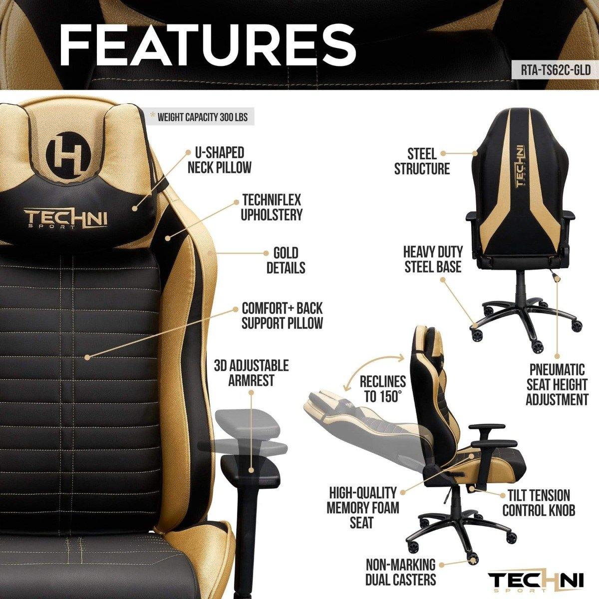 Techni Sport TS-62 Gold Ergonomic Racing Style Gaming Chair RTA-TS62C-GLD Features #color_gold