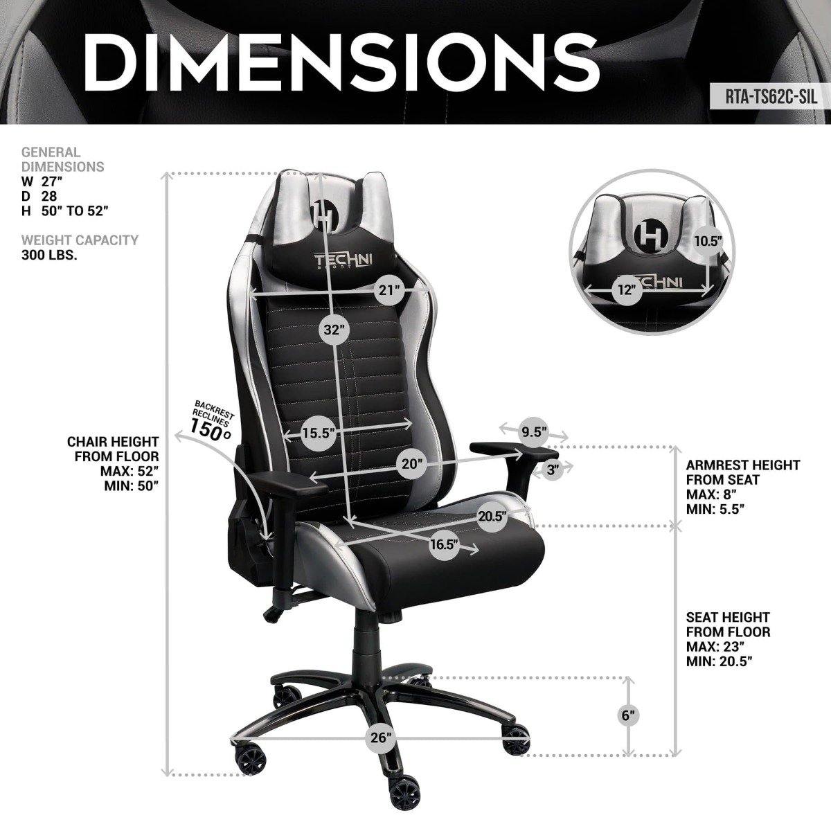 Techni Sport TS-62 Silver Ergonomic Racing Style Gaming Chair RTA-TS62C-SIL Dimensions #color_silver