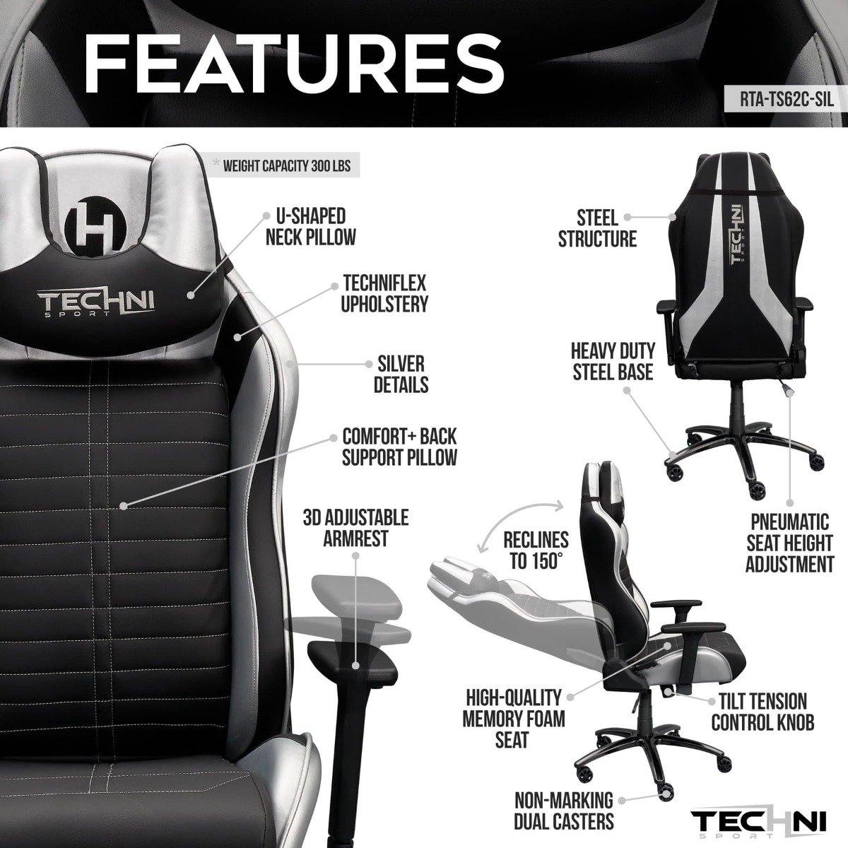 Techni Sport TS-62 Silver Ergonomic Racing Style Gaming Chair RTA-TS62C-SIL Features #color_silver