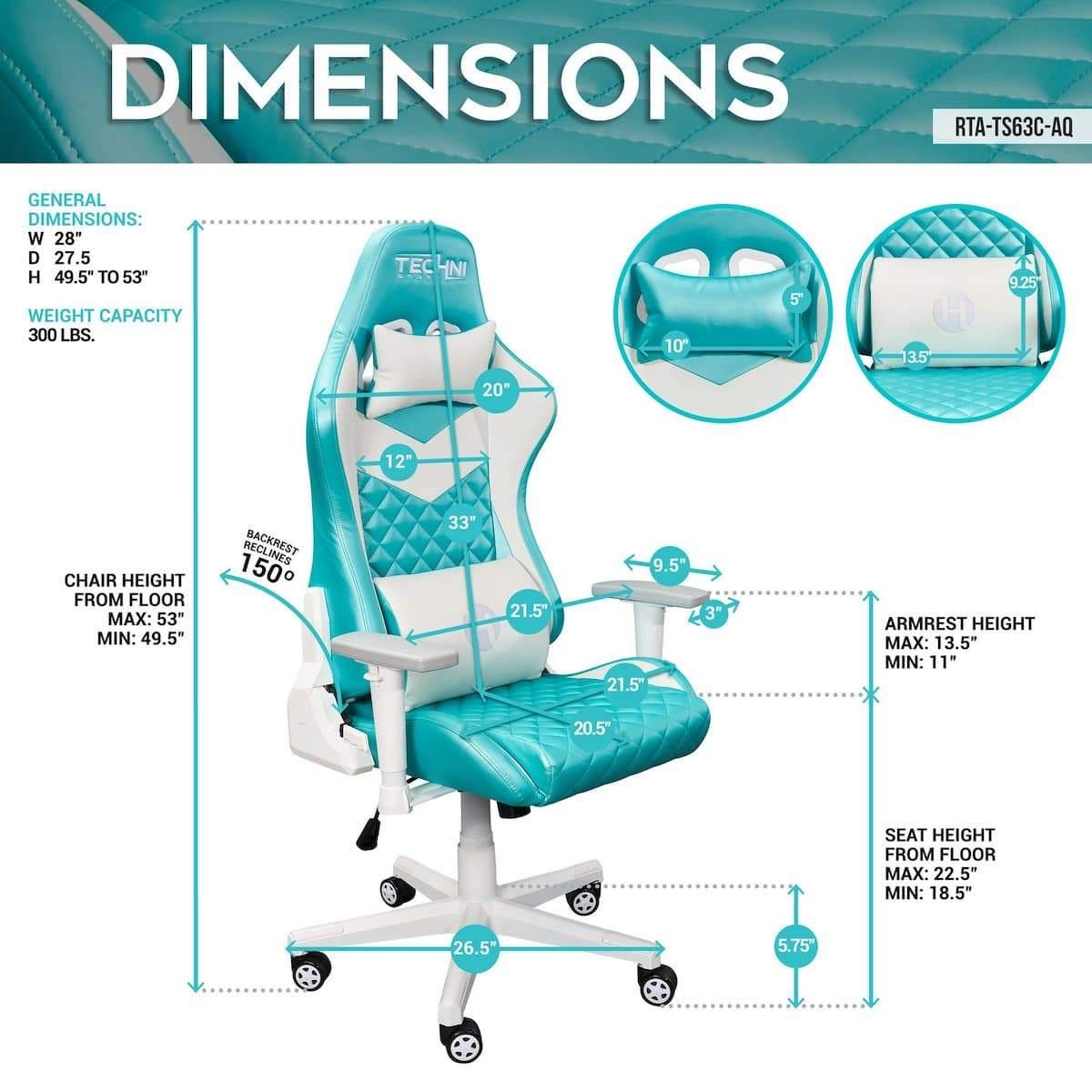 Techni Sport TS-63 High Back Ergonomic Gaming Chair, Aqua RTA-TS63C-AQ