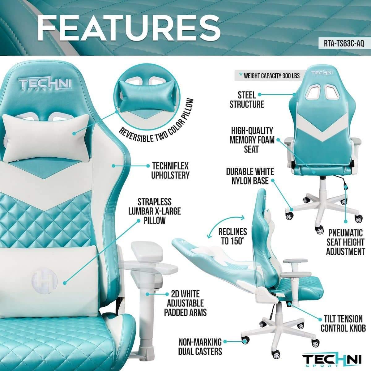 Techni Sport TS-63 Aqua High Back Ergonomic Gaming Chair RTA-TS63C-AQ Features