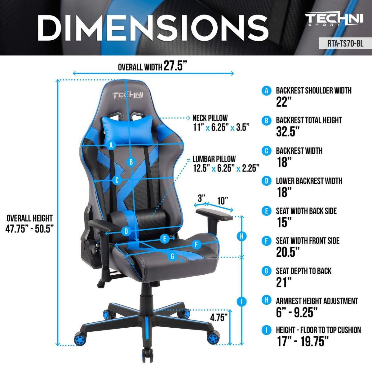 Techni Sport TS-70 Blue Office-PC Gaming Chair RTA-TS70-BL Dimensions #color_blue