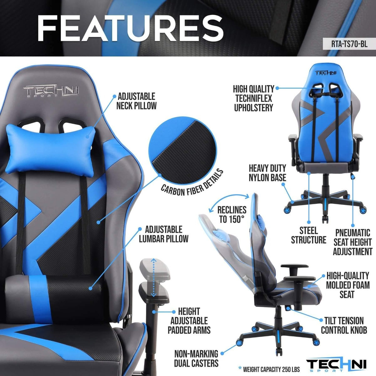 Techni Sport TS-70 Blue Office-PC Gaming Chair RTA-TS70-BL Features #color_blue