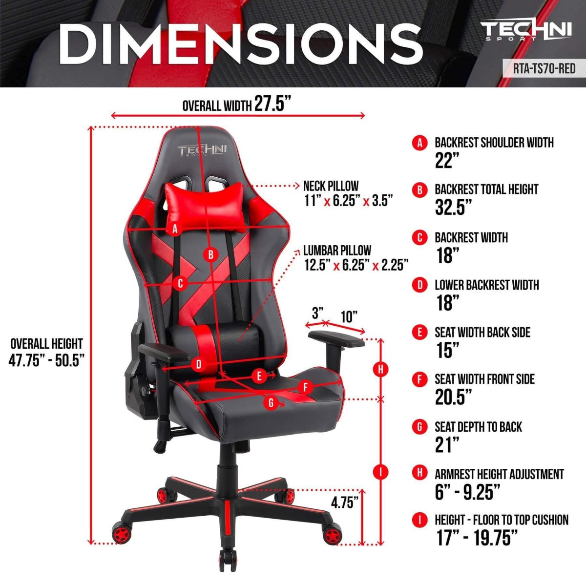 Techni Sport TS-70 Red Office-PC Gaming Chair RTA-TS70-RED Dimensions #color_red