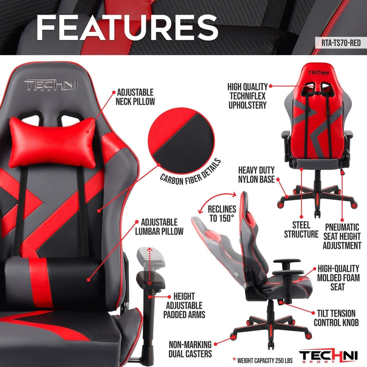 Techni Sport TS-70 Red Office-PC Gaming Chair RTA-TS70-RED Features #color_red