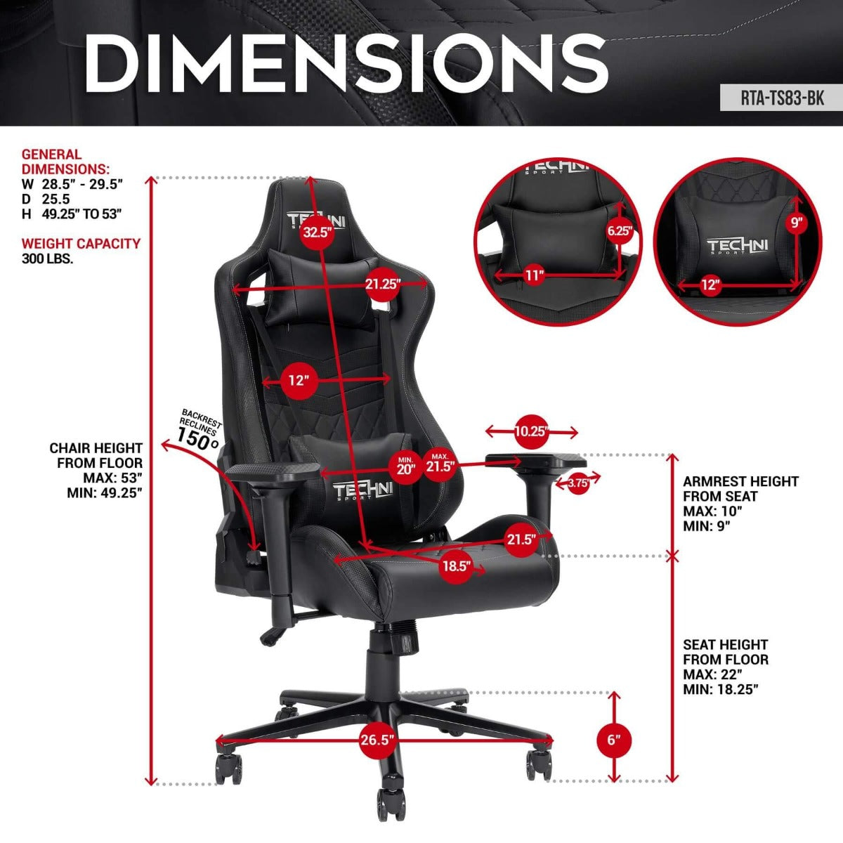 Techni Sport TS-83 Black Ergonomic High Back Racer Style PC Gaming Chair RTA-TS83-BK Dimensions