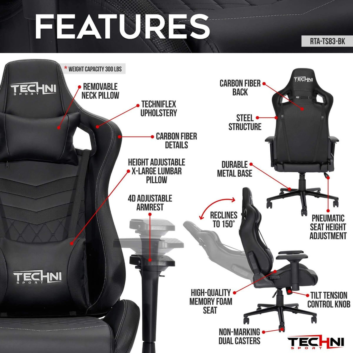 Techni Sport TS-83 Black Ergonomic High Back Racer Style PC Gaming Chair RTA-TS83-BK Features