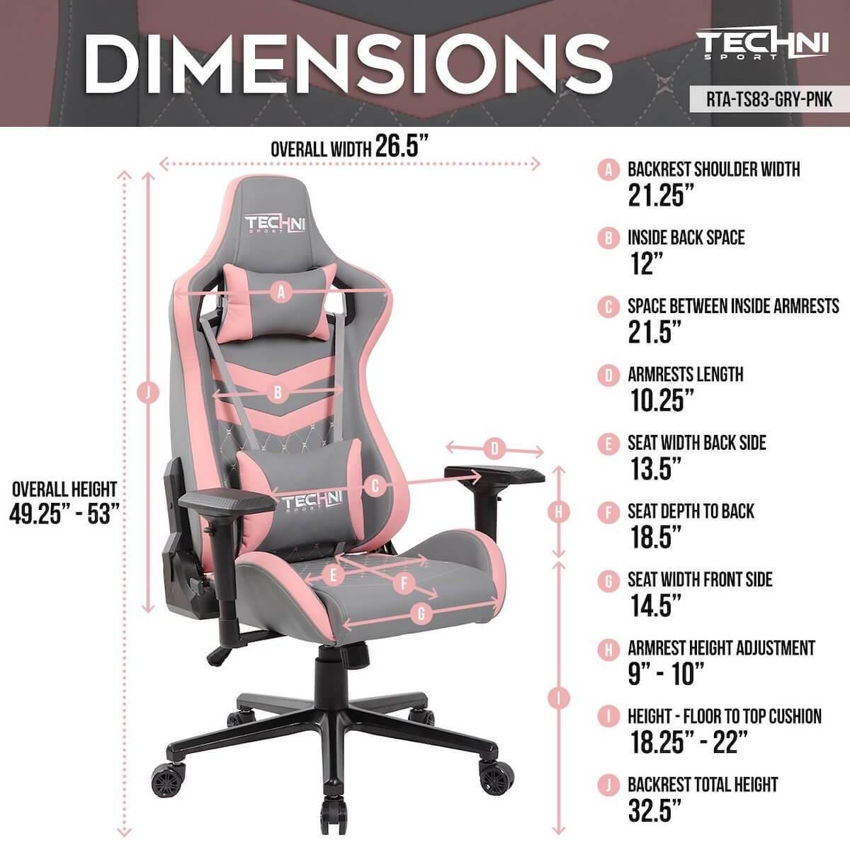 Techni Sport TS-83 Pink Ergonomic High Black Racer Style PC Gaming Chair RTA-TS83-GRY-PNK Dimensions #color_pink
