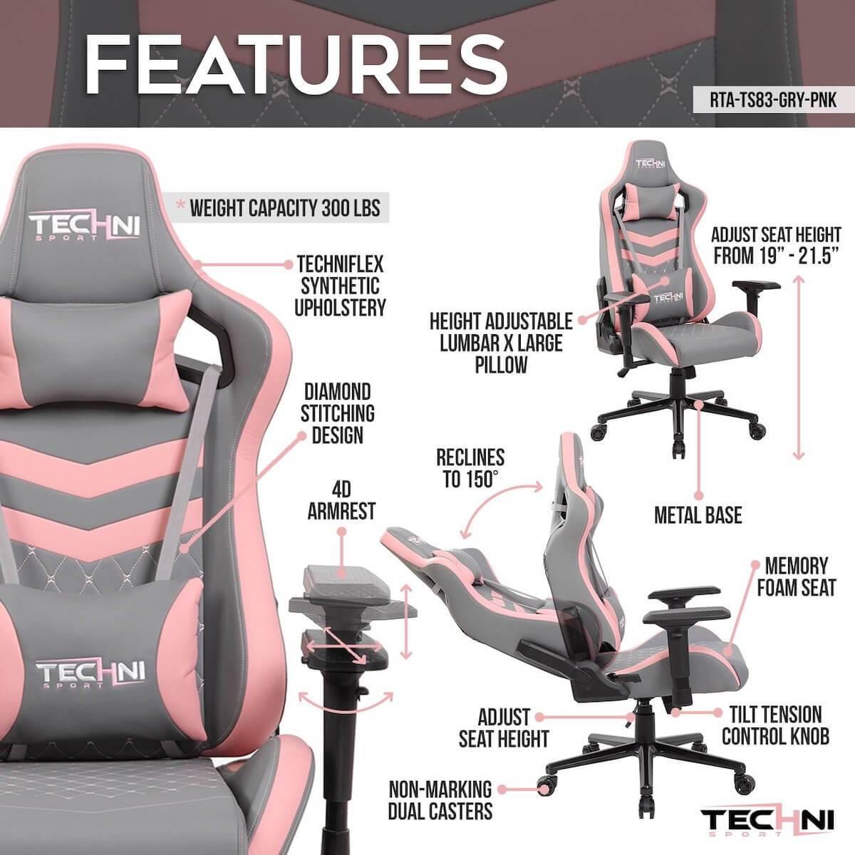 Techni Sport TS-83 Pink Ergonomic High Black Racer Style PC Gaming Chair RTA-TS83-GRY-PNK Features #color_pink