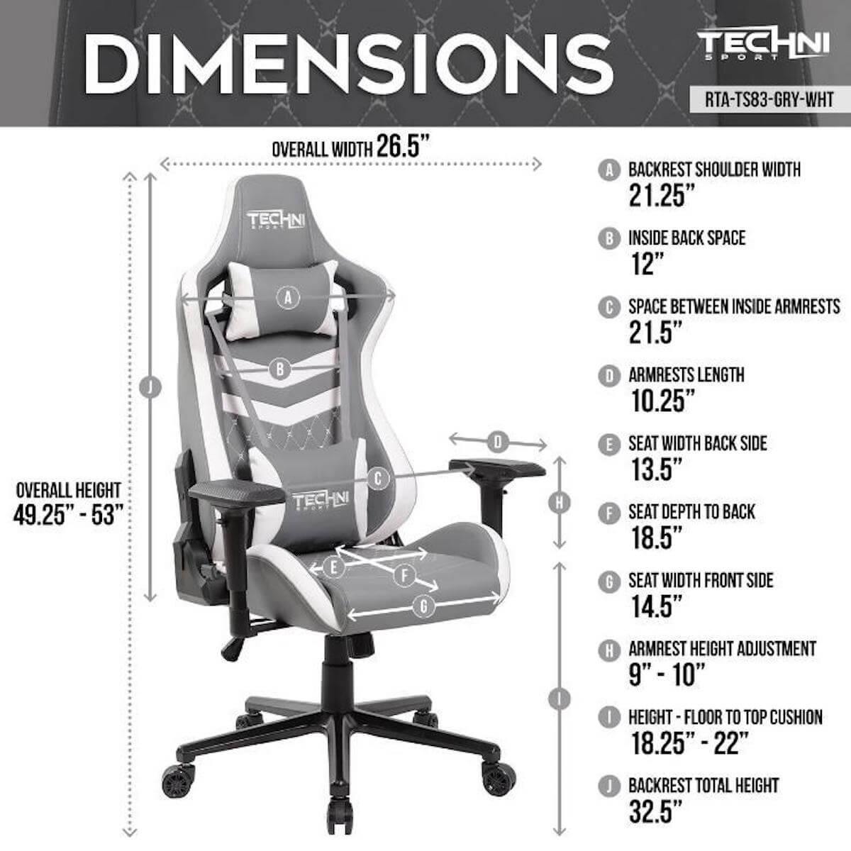 Techni Sport TS-83 White Ergonomic High Black Racer Style PC Gaming Chair RTA-TS83-GRY-WHT Dimensions #color_white