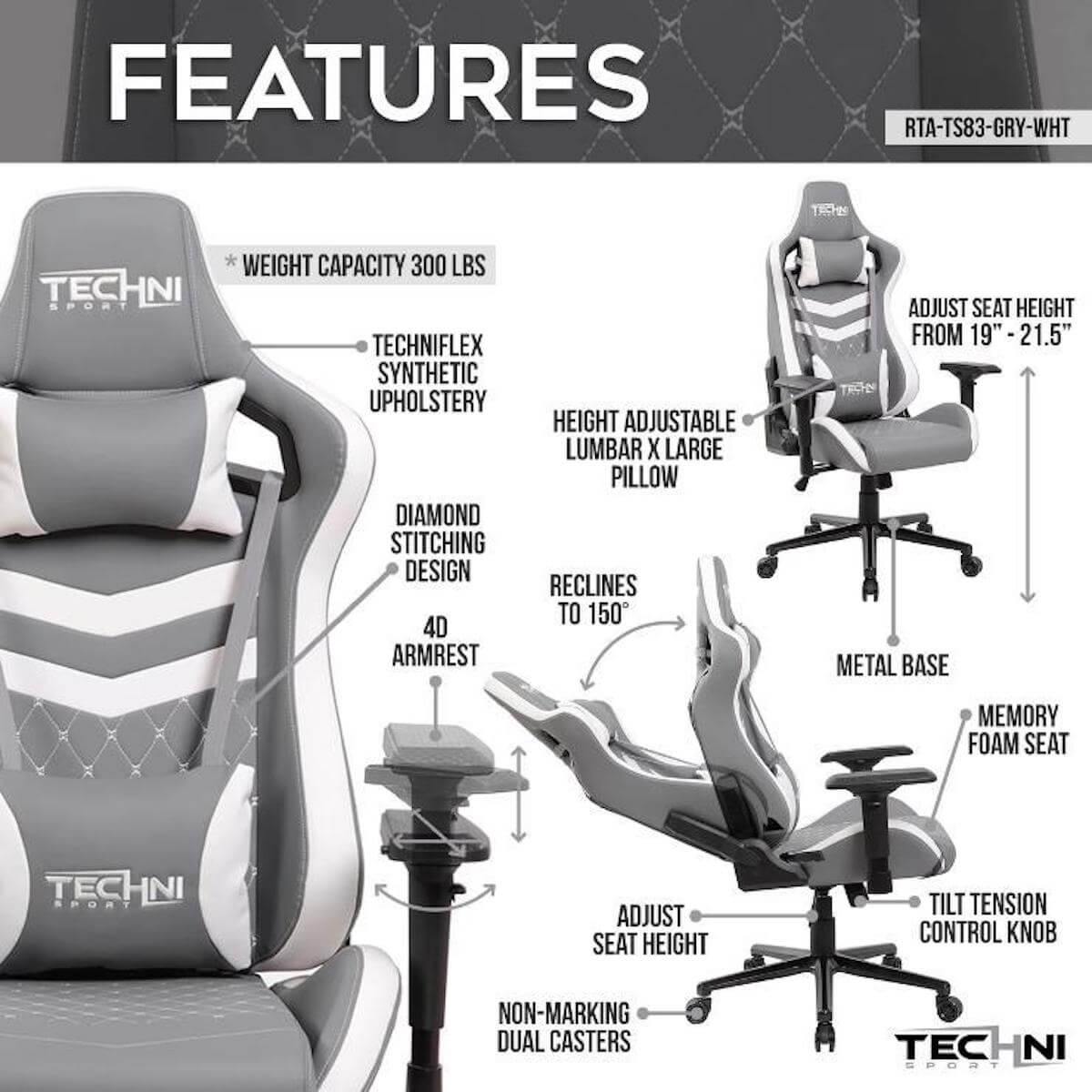 Techni Sport TS-83 White Ergonomic High Black Racer Style PC Gaming Chair RTA-TS83-GRY-WHT Features #color_white