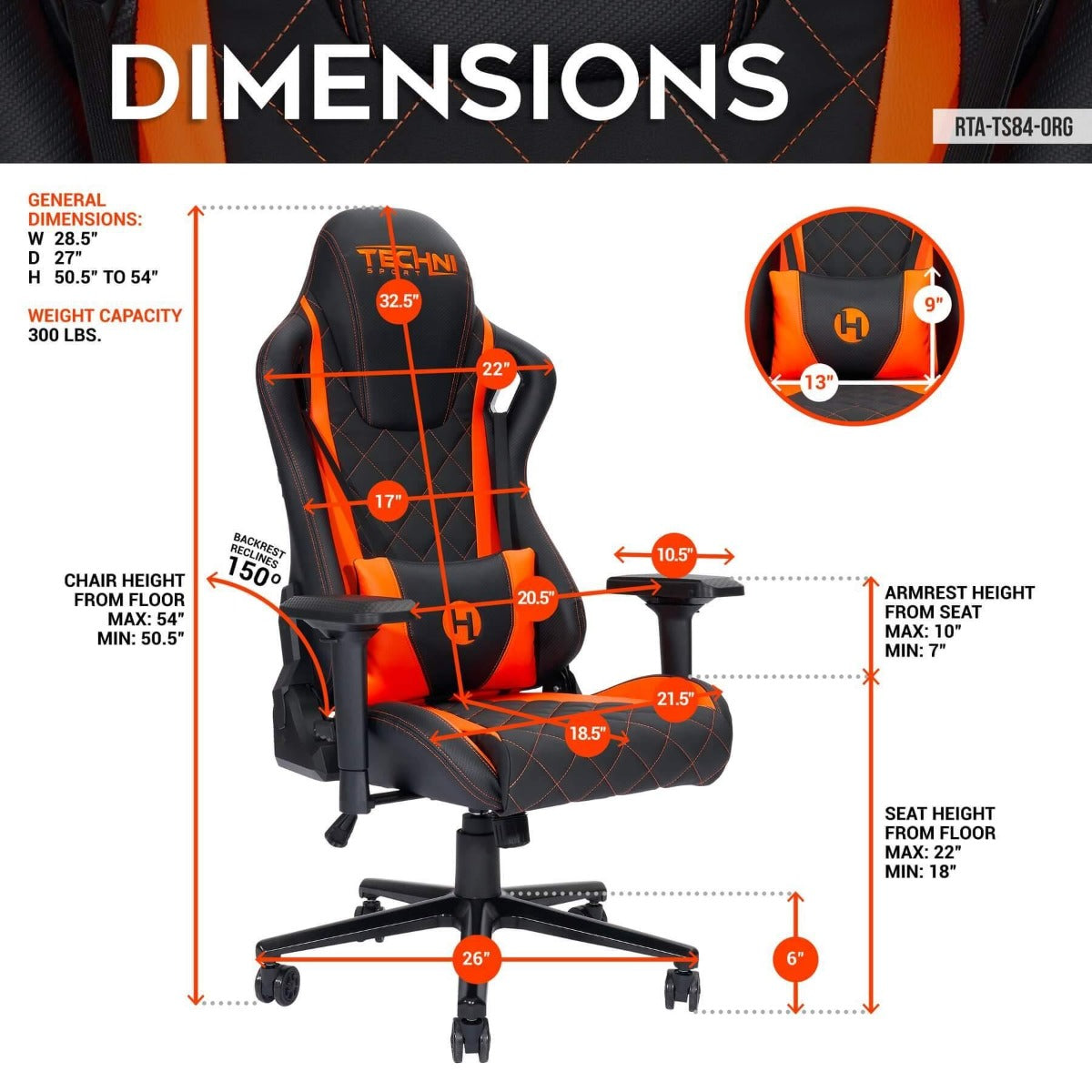 Techni Sport TS-84 Orange Ergonomic High Back Racer Style PC Gaming Chair RTA-TS84-ORG DImensions