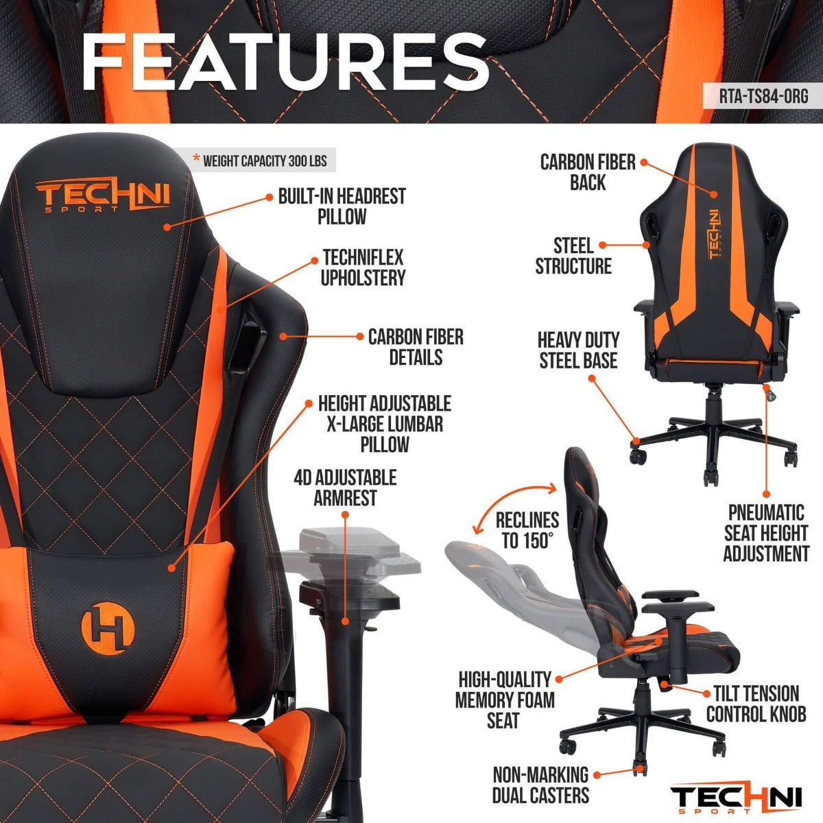 Techni Sport TS-84 Orange Ergonomic High Back Racer Style PC Gaming Chair RTA-TS84-ORG Features
