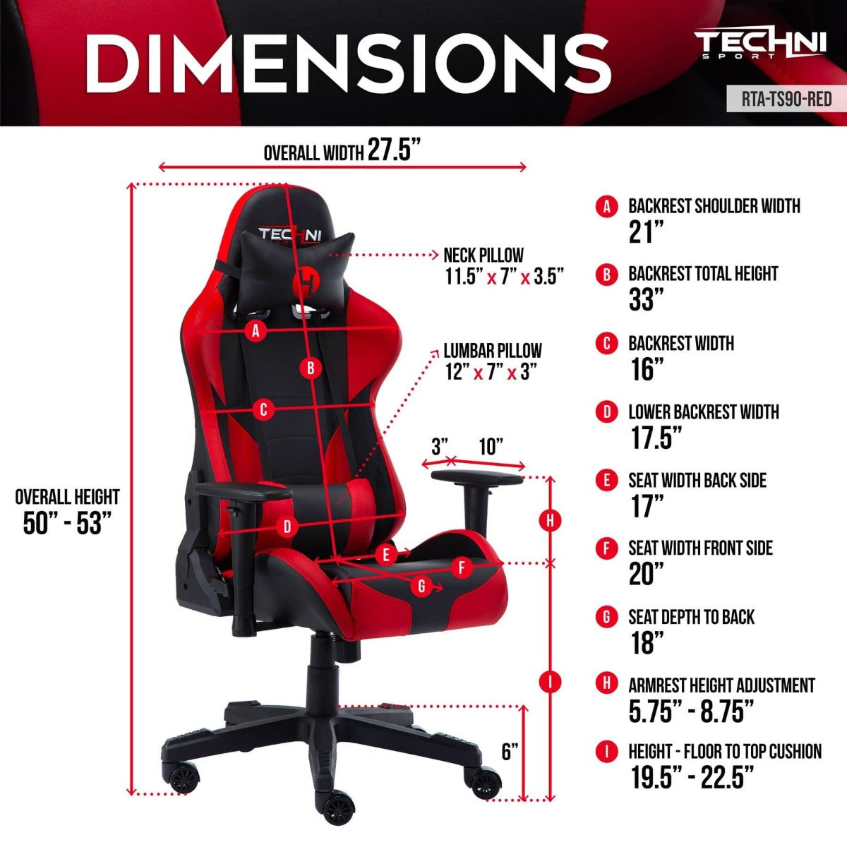 Techni Sport TS-90 Red Office-PC Gaming Chair RTA-TS90-RED DImensions