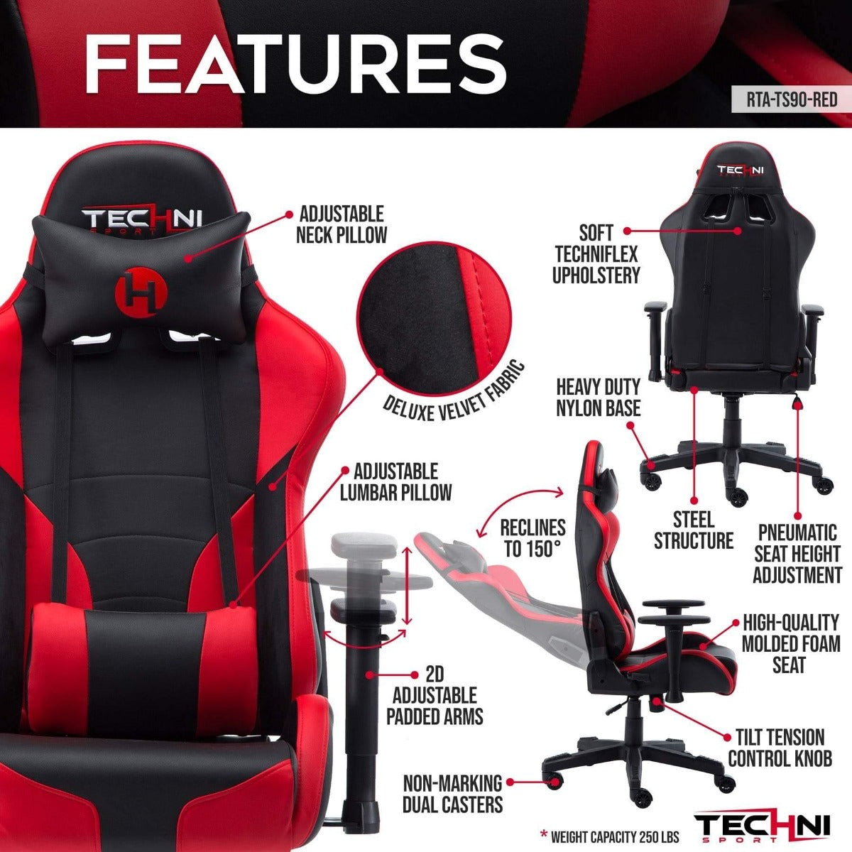 Techni Sport TS-90 Red Office-PC Gaming Chair RTA-TS90-RED Features