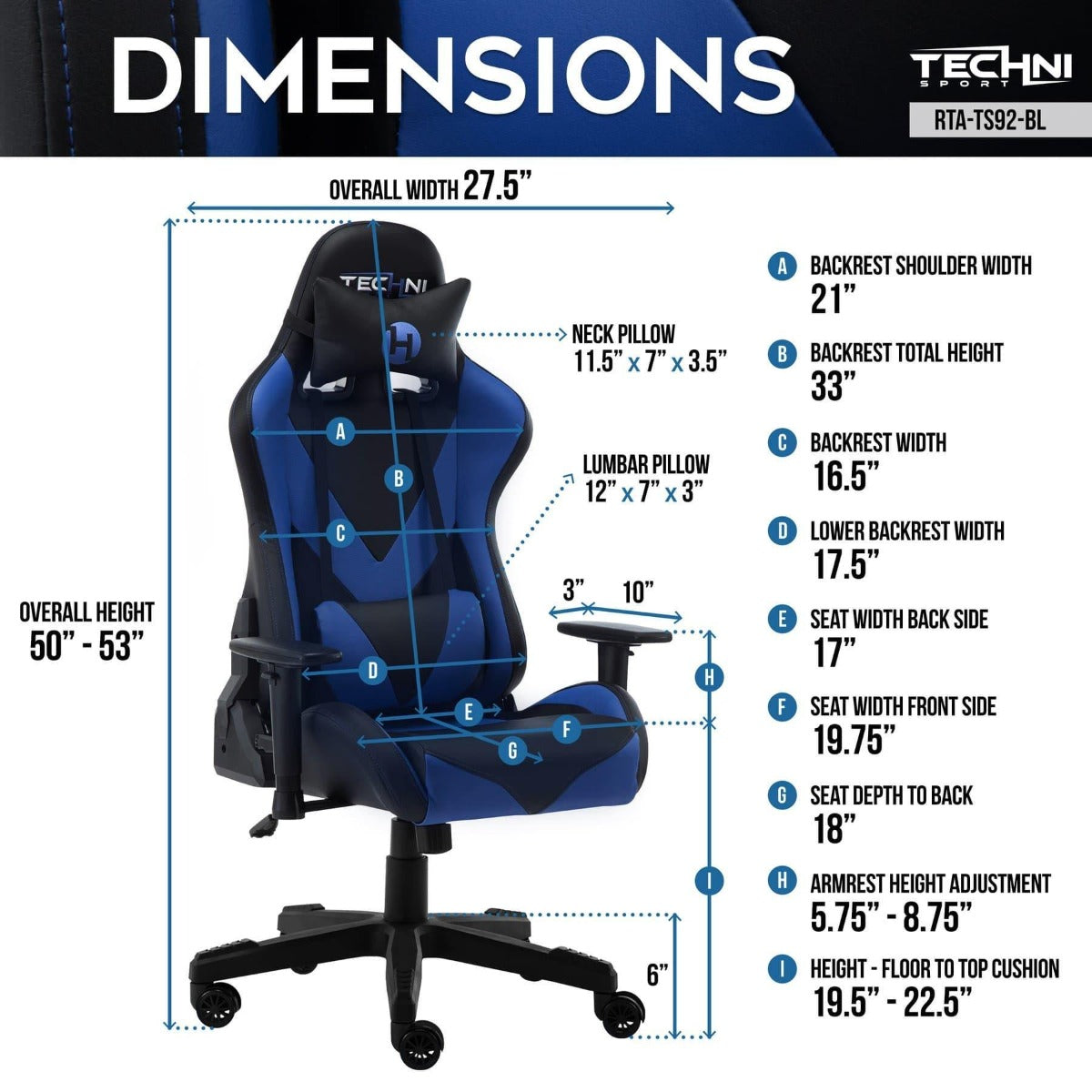 Techni Sport TS-92 Blue Office-PC Gaming Chair RTA-TS92-BL Dimensions #color_blue
